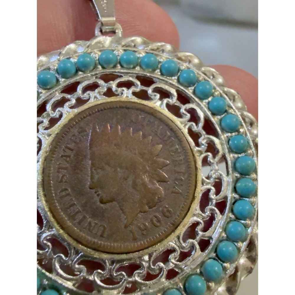 T20157-Vintage 1906 Indian Head Penny Coin Pendant Necklace Turquoise Beads 22" - Picture 4 of 9